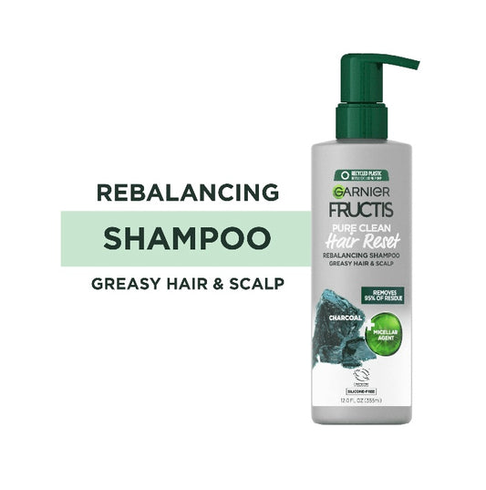 Fructis Pure Clean Garnier Champú Reequilibrante para el Cabello con Carbón Vegetal, 12 fl oz